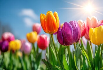 Colorful tulips bloom brightly under a sunny blue sky background.