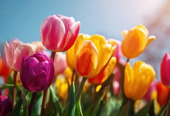 Colorful tulips bloom brightly against a clear blue sky background.