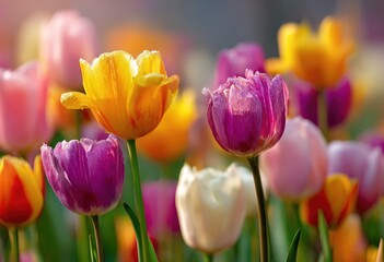 Close up of colorful tulips with soft focus background lighting