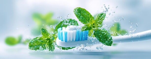 The Toothbrush with Fresh Mint Leaves and Splashing Water for Oral Hygiene