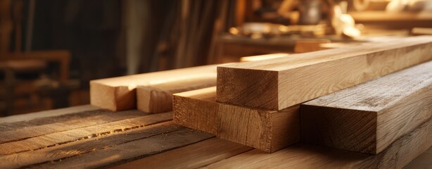The Wooden Planks Stacked in a Sunlit Rustic Carpentry Workshop Filled with Tools
