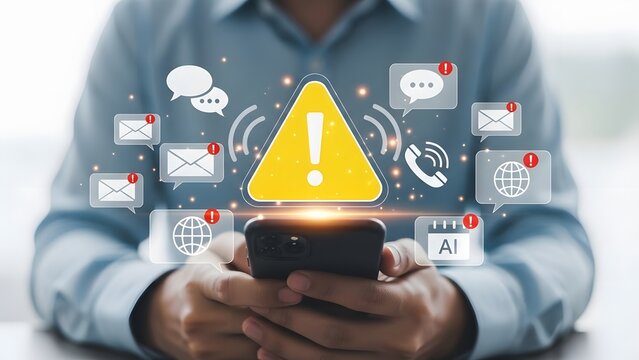 Businessman overwhelmed by multiple digital notifications and urgent alerts on a smartphone