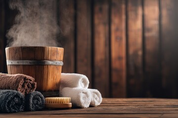 Steaming wooden bucket with rolled towels and brush on wood.