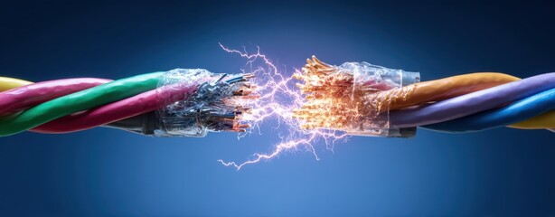 The Cable Sparks Across a Frayed Connection Showing Electrical Arcing and Energy Discharge