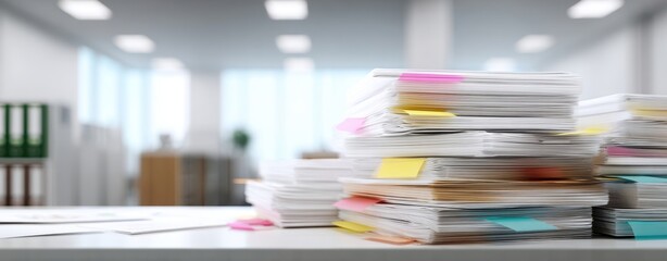 The stack of documents on an office desk with colorful sticky notes and blurred background