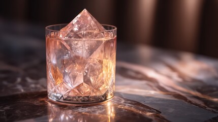 A tumbler of pale pink cocktail crowned by a single carved ice prism standing upright. Light refracts sharply its