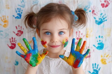 Child with paint covered hands smiling against handprint background