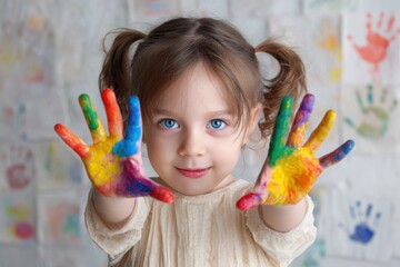 Child shows colorful paint covered hands with bright blue eyes.