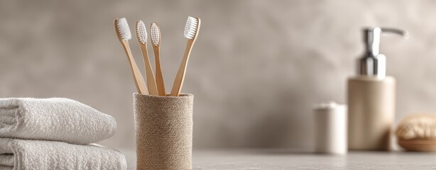 The bamboo toothbrushes in a minimalist neutral bathroom with soft spa lighting