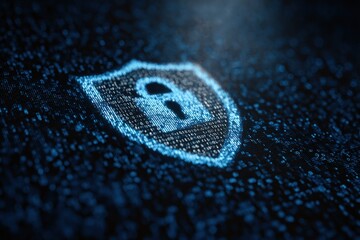 Glowing digital shield icon over binary code background dark blue.