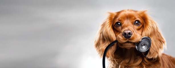 The dog holding a stethoscope in its mouth against a gray backdrop