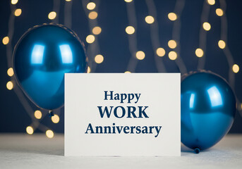 A greeting card reading "Happy Work Anniversary" is flanked by two blue balloons. In the background, warm white fairy lights create a festive atmosphere.