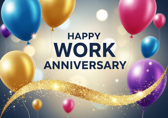 Celebratory image with "Happy Work Anniversary" text. Colorful balloons and a golden swirl on a festive background convey excitement and joy.