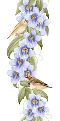 Garden vine with pastel purple flowers and birds watercolor seamless border. Canary finches on blooming Thunbergia liana vertical banner. Light purple blossom of creeper plant for summer floral design