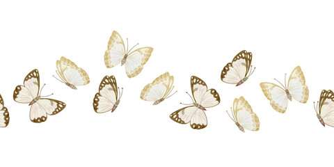 Pastel beige butterflies watercolor seamless border on white. Simple insects flying in the wave row for cute monochrome designs and baby nursery rooms in neutral colors. Minimalist repeat banner