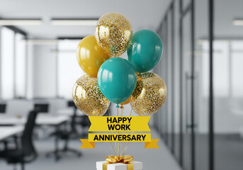 A cheerful bouquet with teal, yellow, and gold balloons in a modern office setting. "Happy Work Anniversary" banner attached to balloons. Festive and celebratory mood.