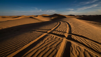 Endless desert dunes carved by tire tracks under a vibrant blue sky