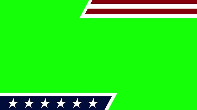 US flag inspired elements sliding in over a green screen. Patriotic red white stripes and stars border for political, voting, or national holiday video overlays and chroma key projects.