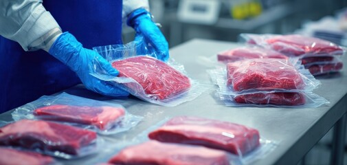 The Meat Packaging Process in a Modern Food Processing Facility With Vacuum-Sealed Steaks