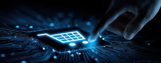 The Shopping Cart Icon Illuminated on a Futuristic Digital Circuit Board Touch Interface