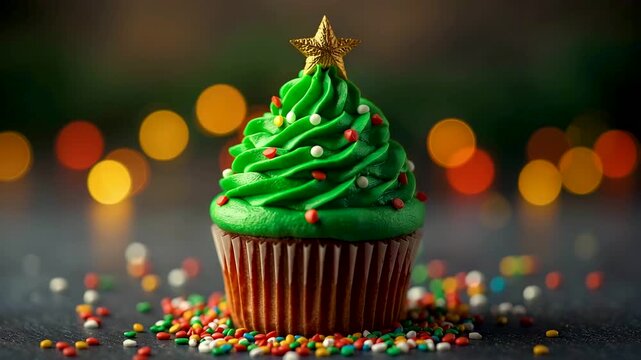 Festive cupcake topped with green frosting and star decoration surrounded by colorful sprinkles and lights
