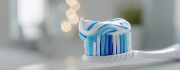 The Toothbrush with Swirled Blue Toothpaste Close-Up in Clean Bathroom Light
