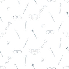 Seamless Dental Tools Pattern with Medical Line Icons on White Background