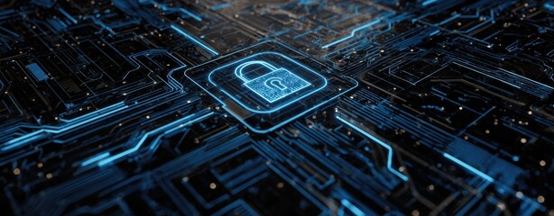 The Padlock Icon on a Futuristic Blue Circuit Board Representing Cybersecurity and Data Protection
