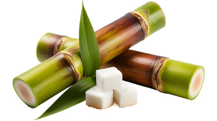 Fresh sugar cane with sugar cubes isolated on white background
