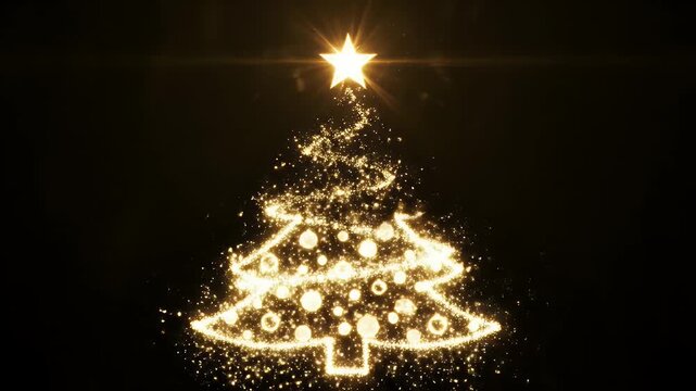 Golden Christmas Tree Sparkles - This video features a sparkling golden Christmas tree outlined with glitter and topped with a bright star on a dark background.