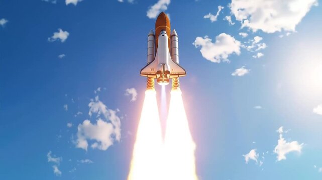 Space Shuttle Soaring Through Blue Sky, Launching.