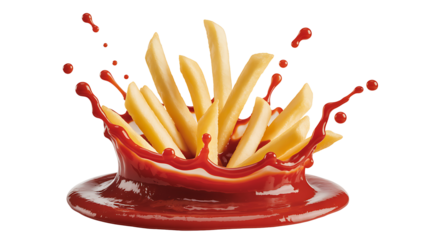 French fries with ketchup splash isolated on white background
