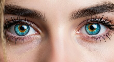 Obraz premium Extreme Close-up of Woman's Striking Blue and Amber Heterochromatic Eyes, Showcasing Perfect Vision and Unique Cosmetic Beauty.