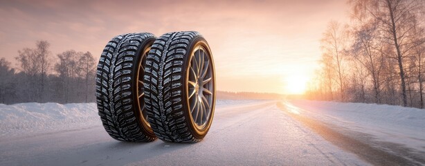 The Winter Tires on Snowy Road at Sunset with Frosty Rural Landscape