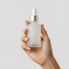 Mockup photo of a woman hand holding a blank cosmetic serum bottle, minimal and clean skincare product presentation