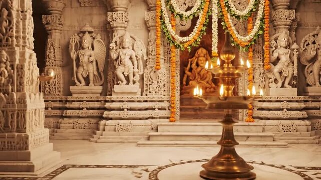 Vaishnav Spiritual Preparation Background With Calm Temple Interior Glow and Soft Shadows