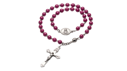 Red rosary beads with cross isolated on white background
