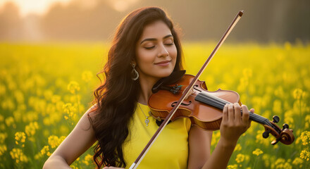 Beautiful woman plays violin amidst vibrant yellow flowers