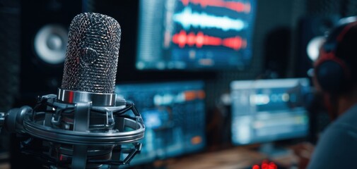 The Microphone in a Professional Home Recording Studio with Audio Engineer at Desk