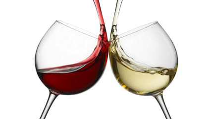 Red and white wine splash in glasses isolated on white background
