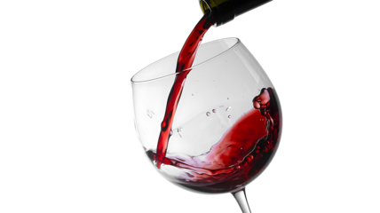 Red wine pouring into glass isolated on white background
