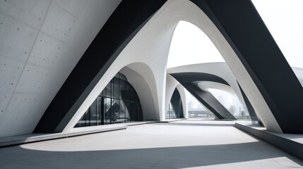 A bold building merges smooth white arcs with jagged black steel beams forming dramatic architectural duality Shadows sculpt