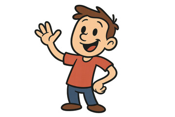Obraz premium Happy cartoon boy smiling and waving hand, greeting gesture, friendly child character expressing welcome, transparent background