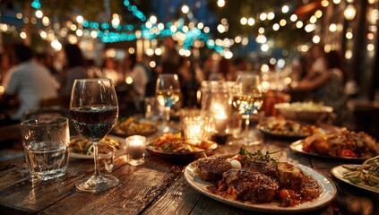 Table set with delicious food and drinks, illuminated by warm string lights, creating a cozy atmosphere for a delightful evening dining experience with friends