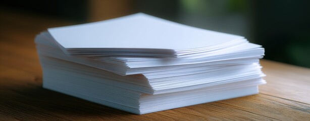 The stack of white paper on a wooden table in soft natural light