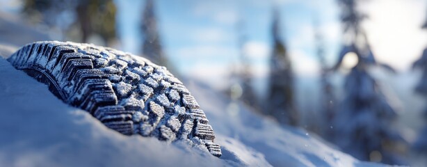 The Tire Tread Partially Buried in Snow with Frosty Pine Forest Background