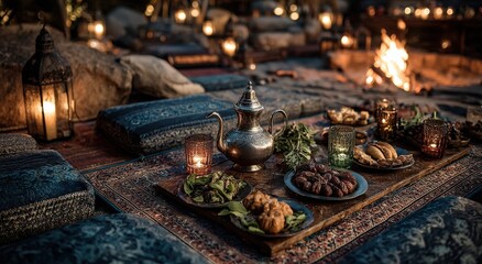 Traditional Middle Eastern dining setup featuring an ornate teapot, assorted dishes, and candles, creating a warm, inviting atmosphere for a festive gathering with copy space