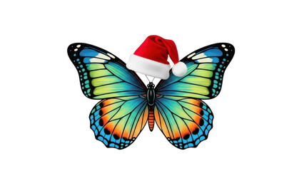 Colorful Butterfly with Red Santa Hat Isolated Graphic isolated PNG with Transparent Background