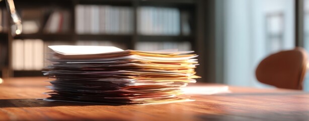 The Stack of Papers on a Wooden Desk in a Sunlit Office