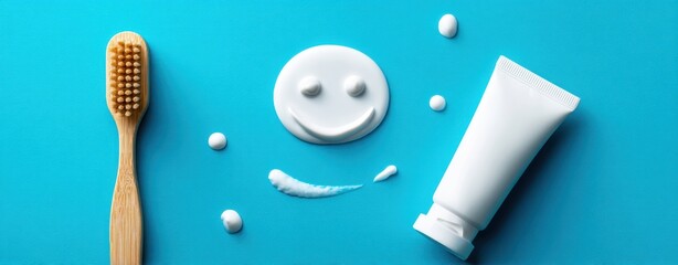 The Toothbrush and Toothpaste Smile on a Bright Blue Minimal Flatlay Background